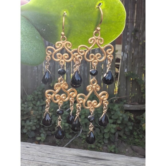 Vintage Gold Vermeil Black Chandelier Earrings, Romantic Gift - Picture 2 of 9